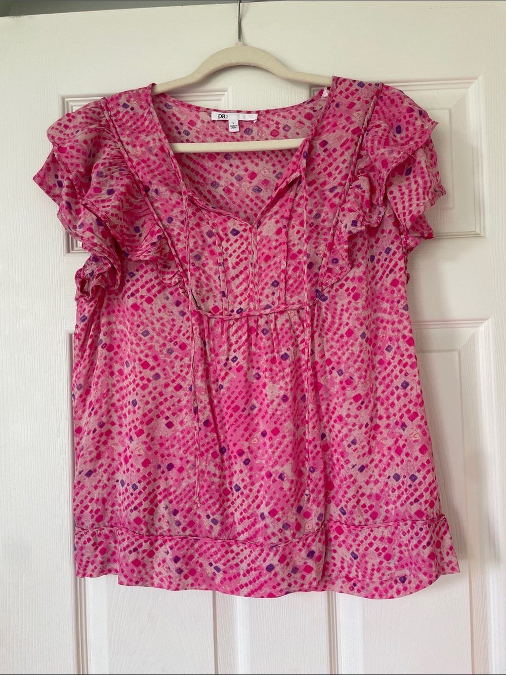 Hot Pink Printed Ruffle Sleeve Top L